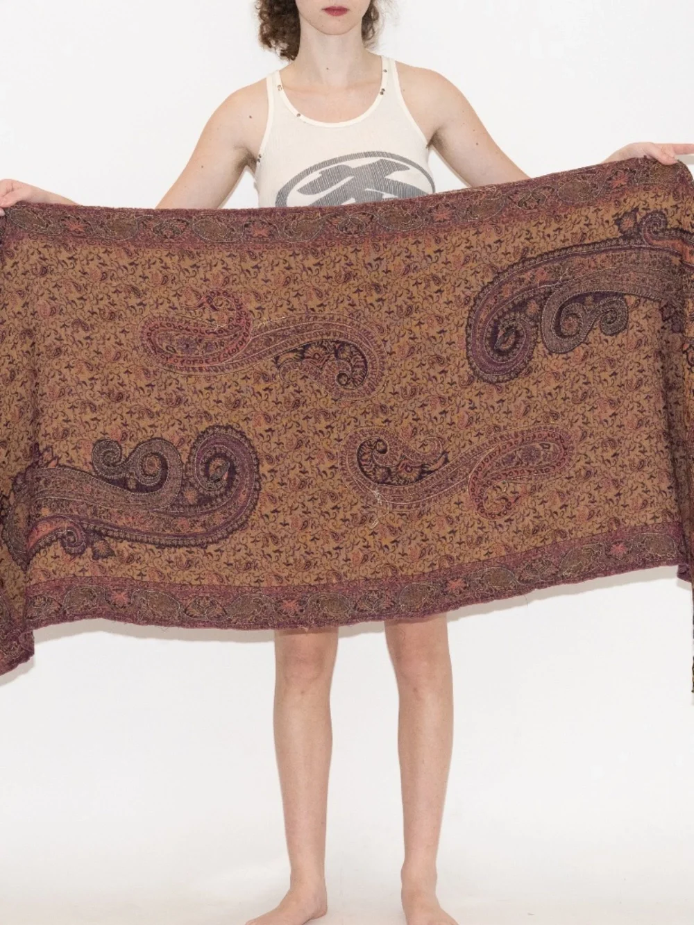 Vintage beaded tapestry purple paisley print woven w/ tassels